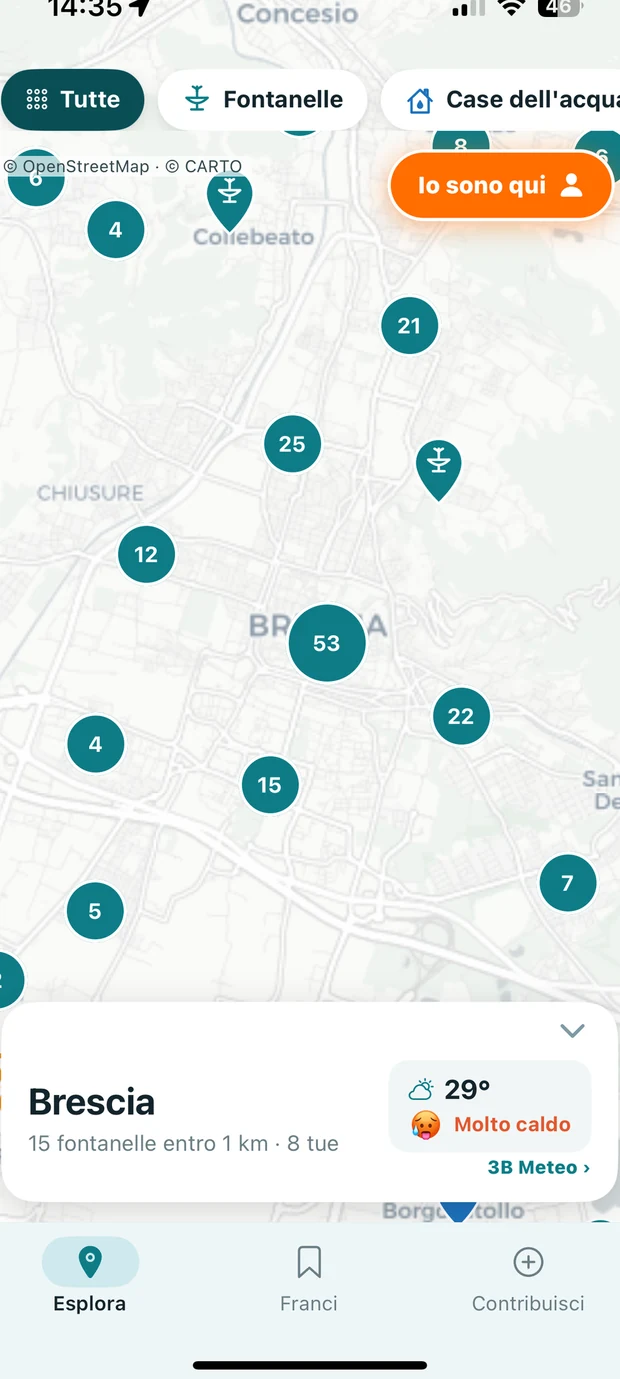 Schermata Esplora di BeviQui: la mappa delle fontanelle